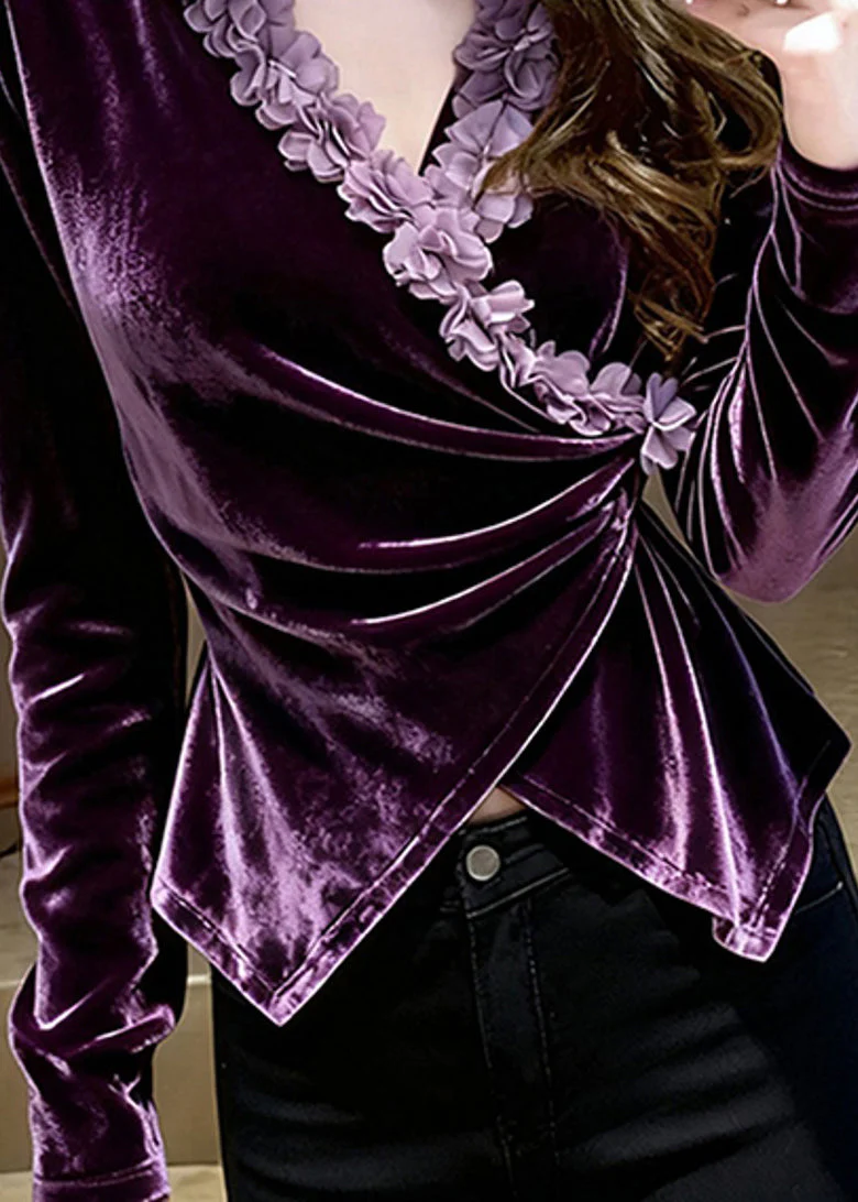 Fashion Purple V Neck Floral Velour Shirts Spring - Image 5
