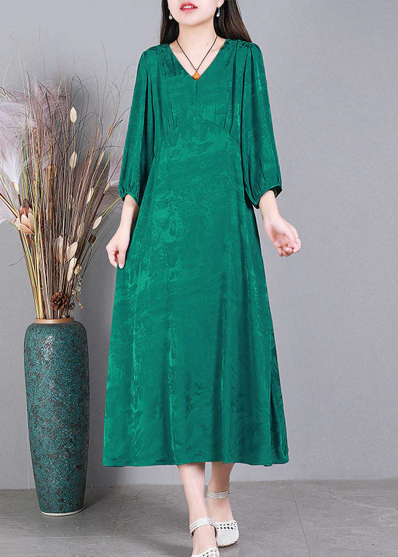 Fashion Purple V Neck Jacquard Patchwork Wrinkled Silk Dresses Bracelet Sleeve - Image 2