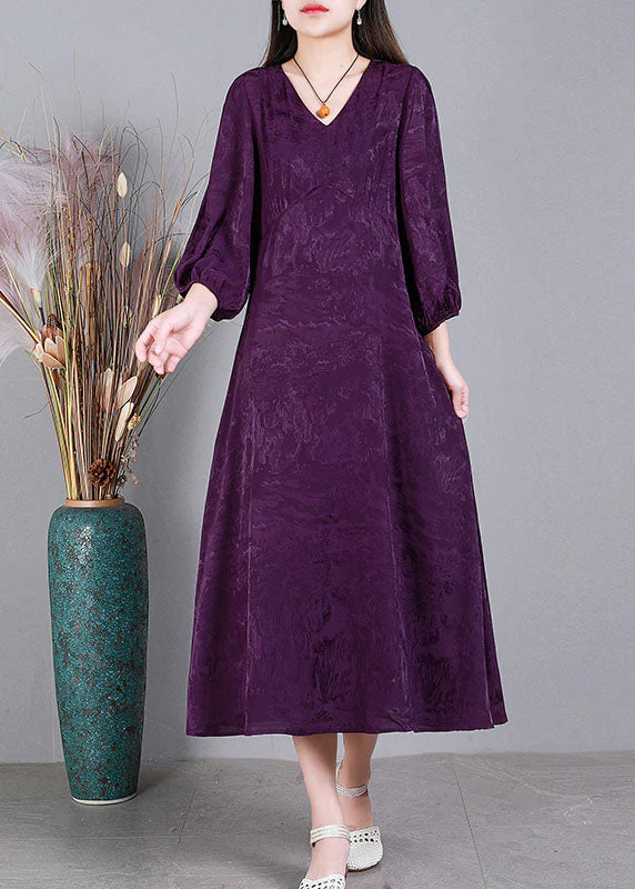Fashion Purple V Neck Jacquard Patchwork Wrinkled Silk Dresses Bracelet Sleeve - Image 3