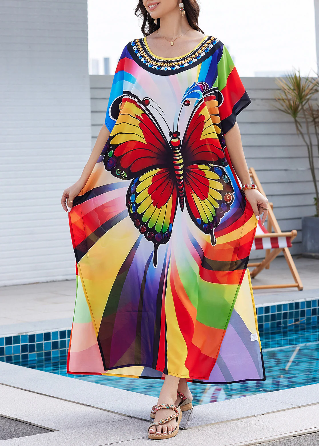 Fashion Rainbow Butterfly Print Side Open Maxi Dress Summer - Image 3