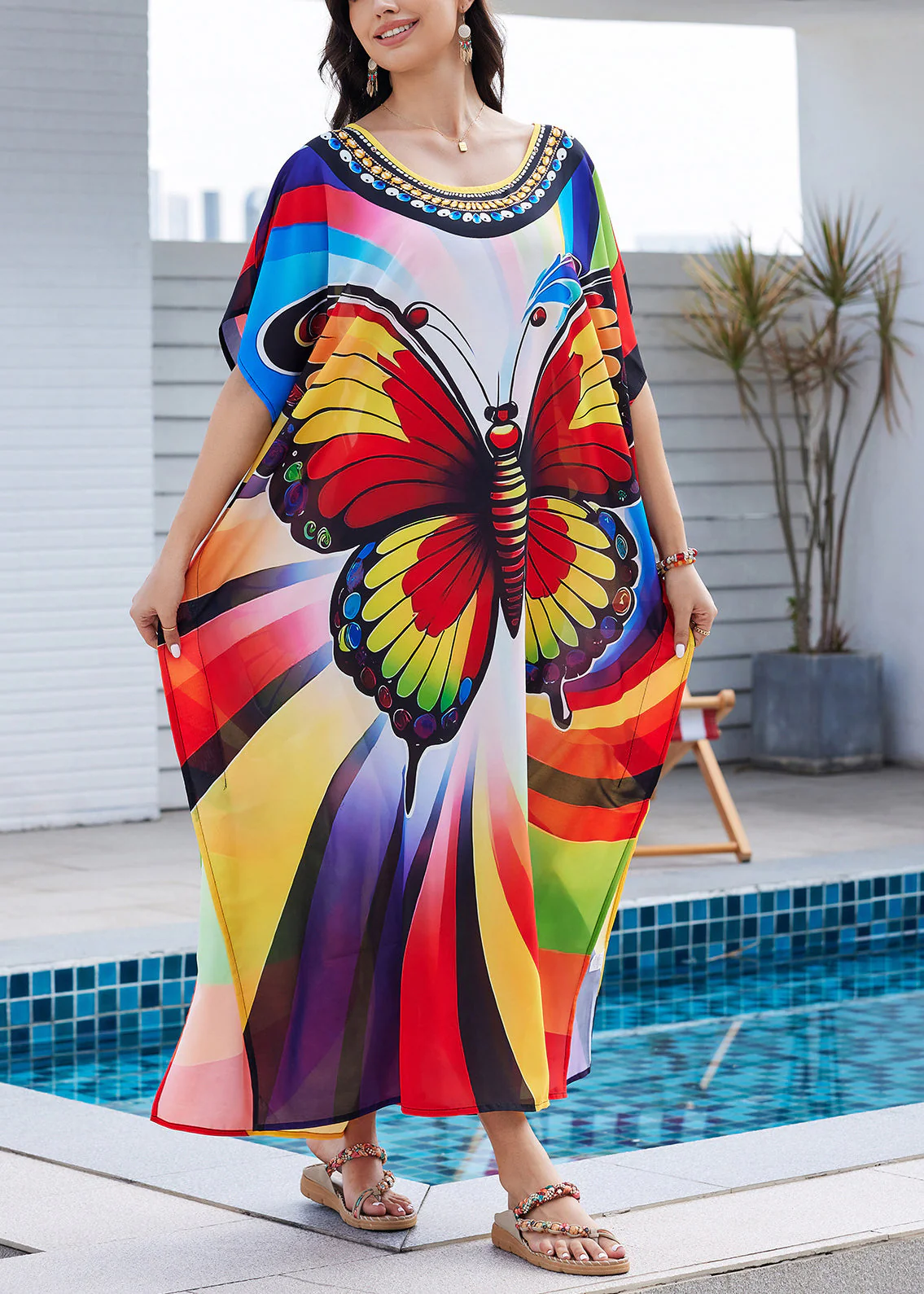 Fashion Rainbow Butterfly Print Side Open Maxi Dress Summer - Image 4