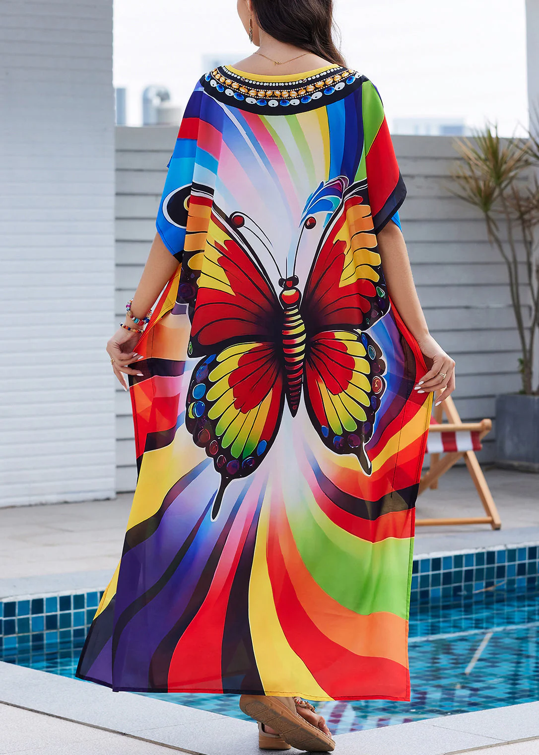 Fashion Rainbow Butterfly Print Side Open Maxi Dress Summer - Image 5