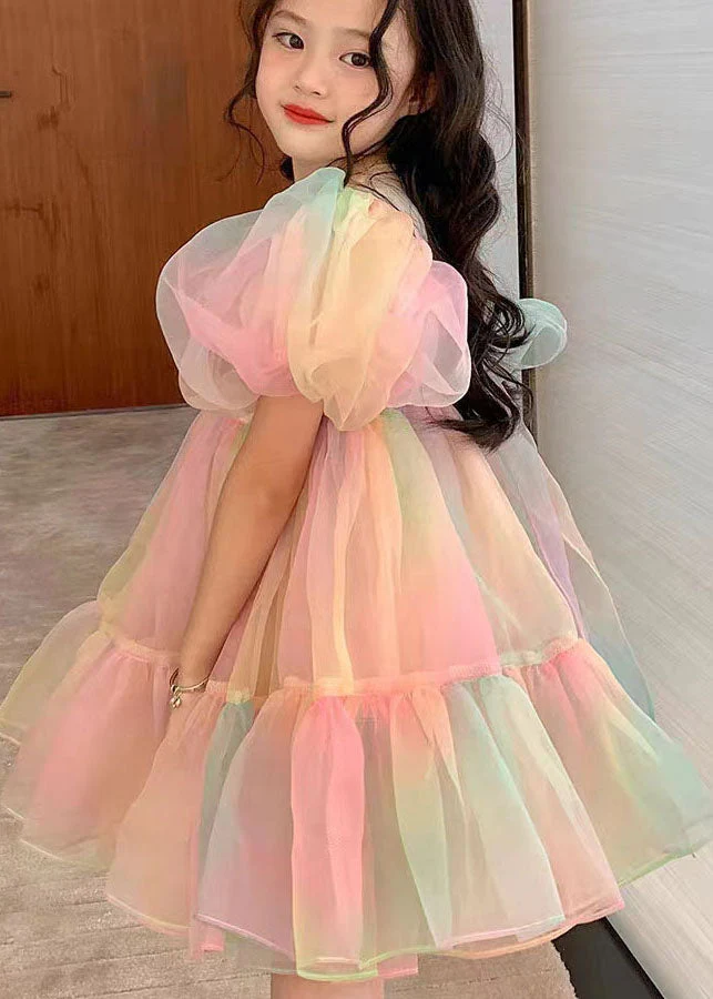 Fashion Rainbow Gradient Ruffled Patchwork Tulle Kids Girls Dress Puff Sleeve - Image 2