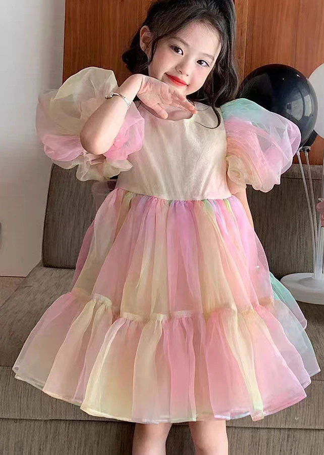 Fashion Rainbow Gradient Ruffled Patchwork Tulle Kids Girls Dress Puff Sleeve - Image 3