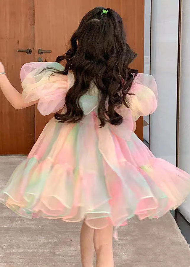 Fashion Rainbow Gradient Ruffled Patchwork Tulle Kids Girls Dress Puff Sleeve - Image 4