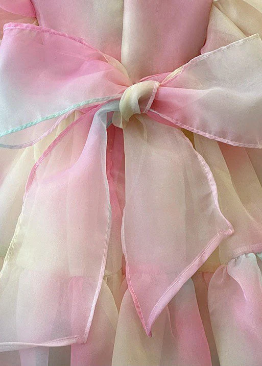 Fashion Rainbow Gradient Ruffled Patchwork Tulle Kids Girls Dress Puff Sleeve - Image 5