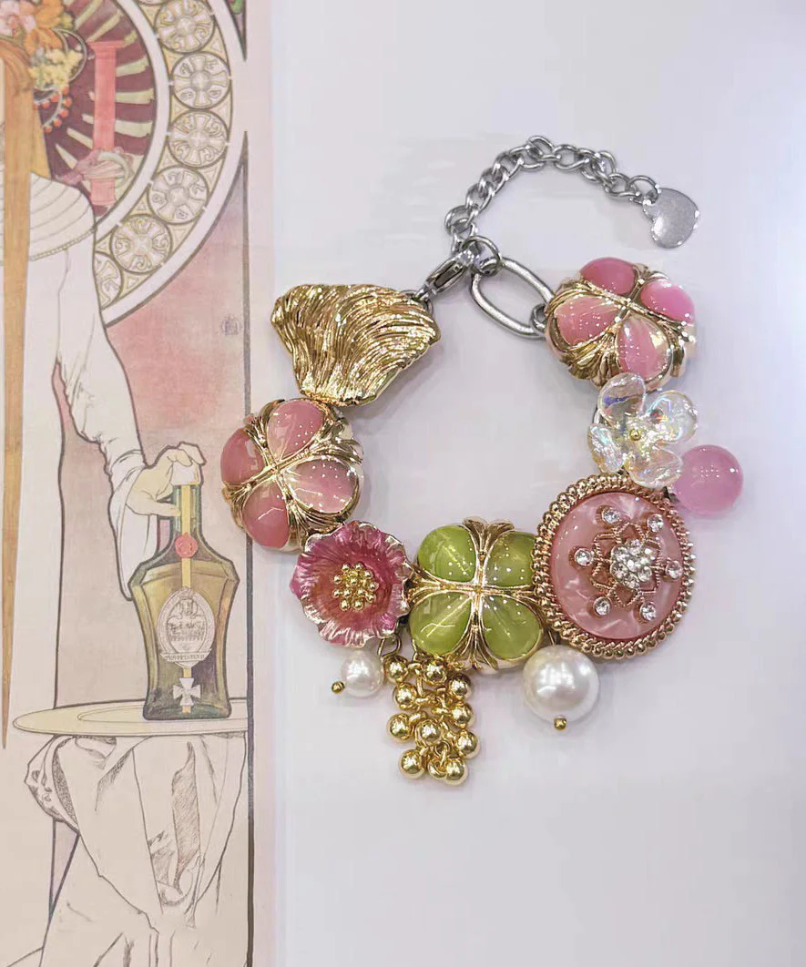 Fashion Rainbow Stainless Steel Floral Pearl Tassel Charm Bracelet