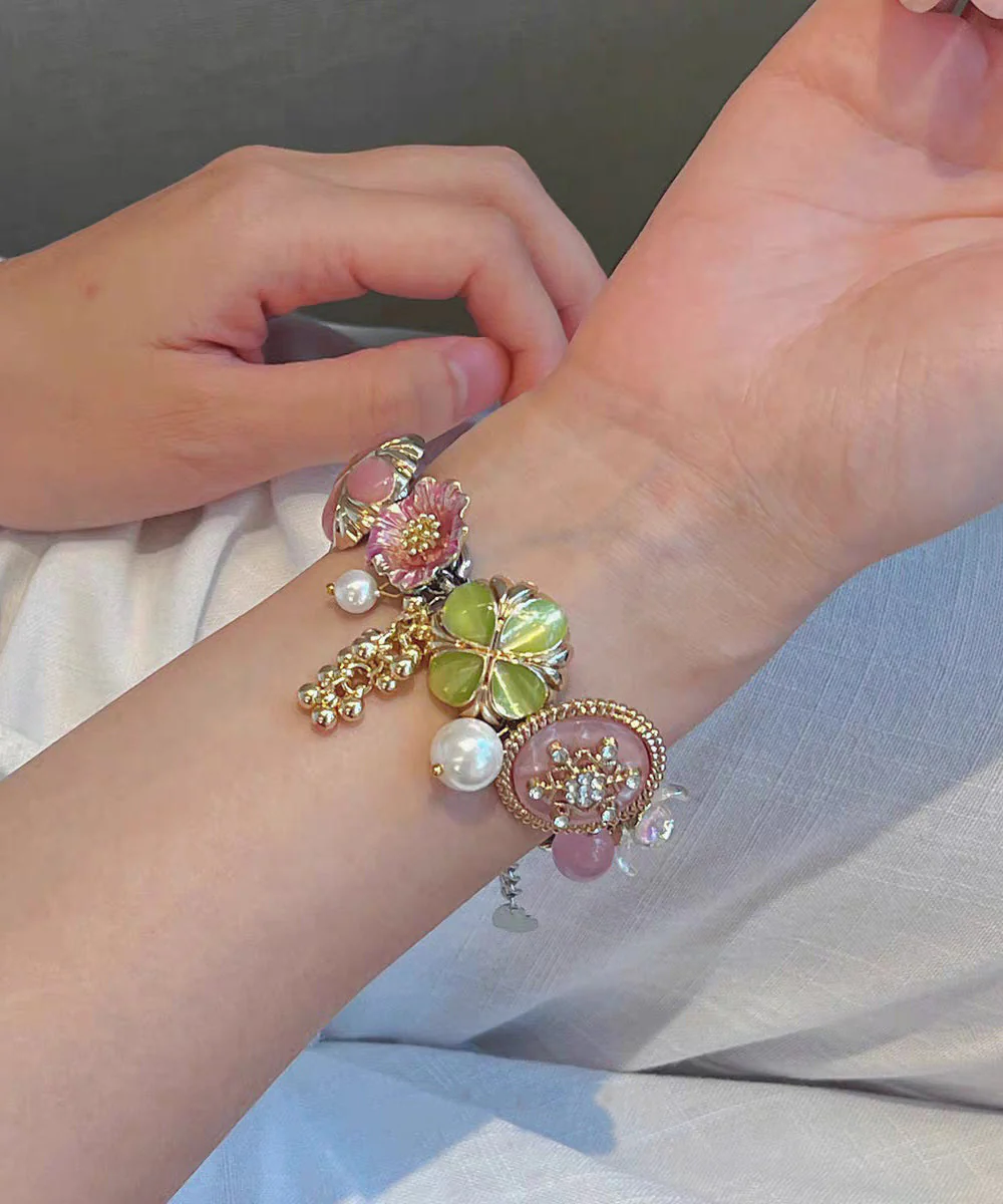 Fashion Rainbow Stainless Steel Floral Pearl Tassel Charm Bracelet - Image 2