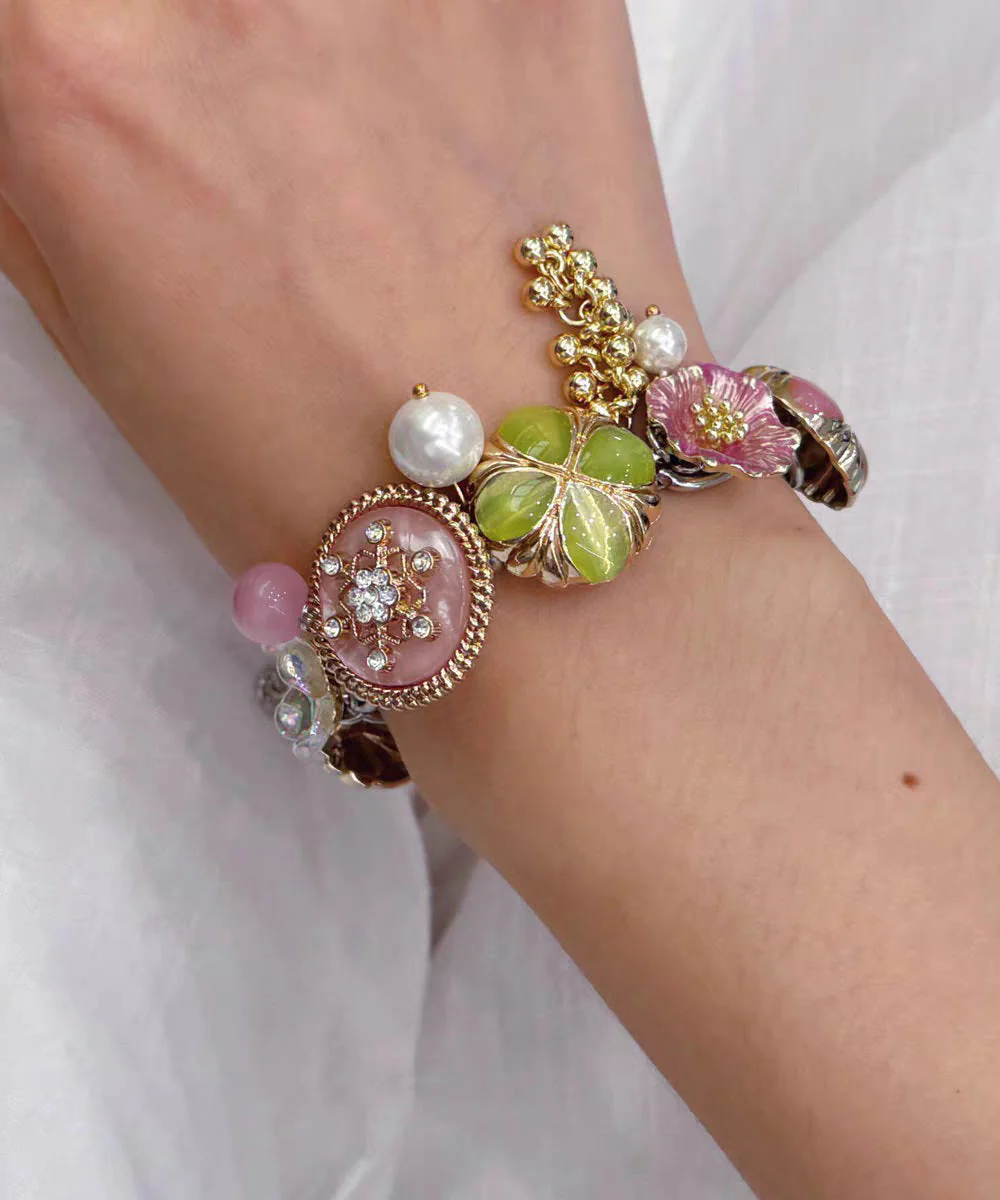Fashion Rainbow Stainless Steel Floral Pearl Tassel Charm Bracelet - Image 3