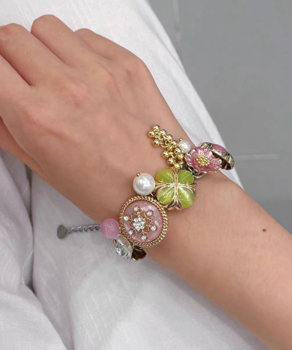 Fashion Rainbow Stainless Steel Floral Pearl Tassel Charm Bracelet - Image 5