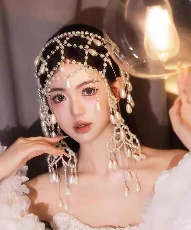 Fashion Red Alloy Pearl Hollow Out Tassel Headwea - Image 2