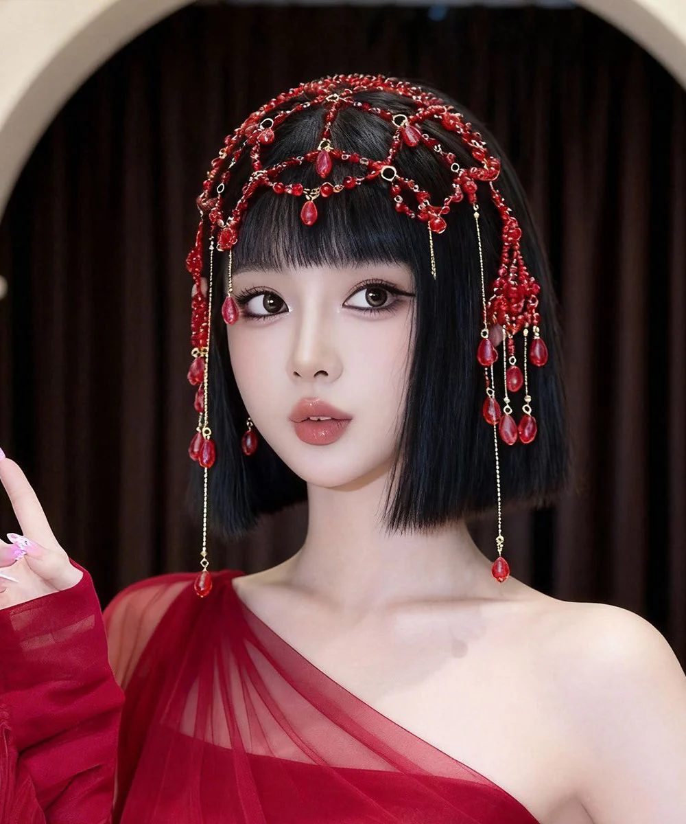 Fashion Red Alloy Pearl Hollow Out Tassel Headwea - Image 3