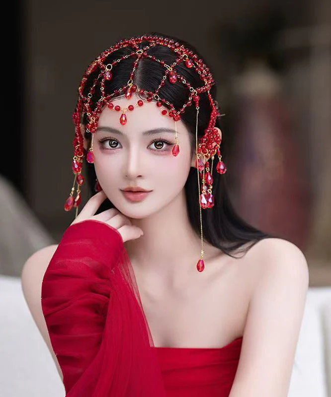 Fashion Red Alloy Pearl Hollow Out Tassel Headwea - Image 5