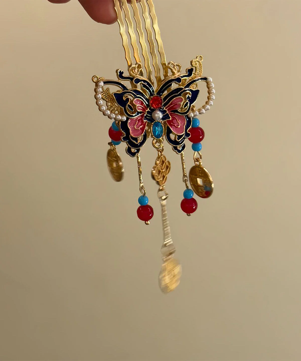 Fashion Red Copper Alloy Butterfly Tassel Single Hairpin - Image 3