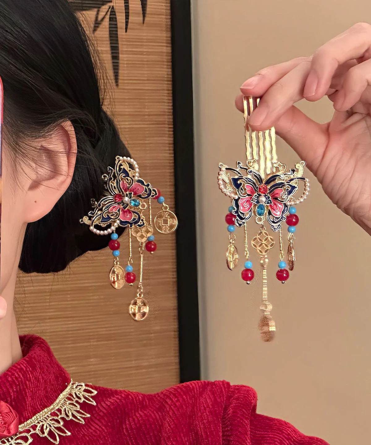 Fashion Red Copper Alloy Butterfly Tassel Single Hairpin - Image 4