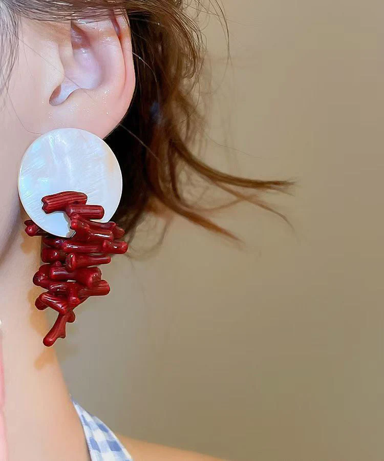 Fashion Red Copper Alloy Shell Resin Drop Earrings - Image 3