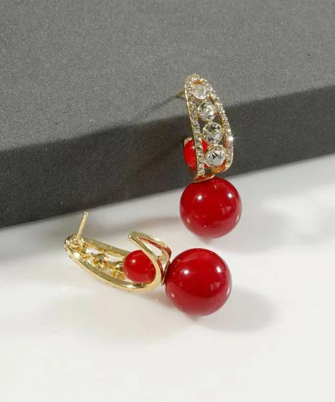 Fashion Red Copper Overgild Zircon Pearl Drop Earrings - Image 3