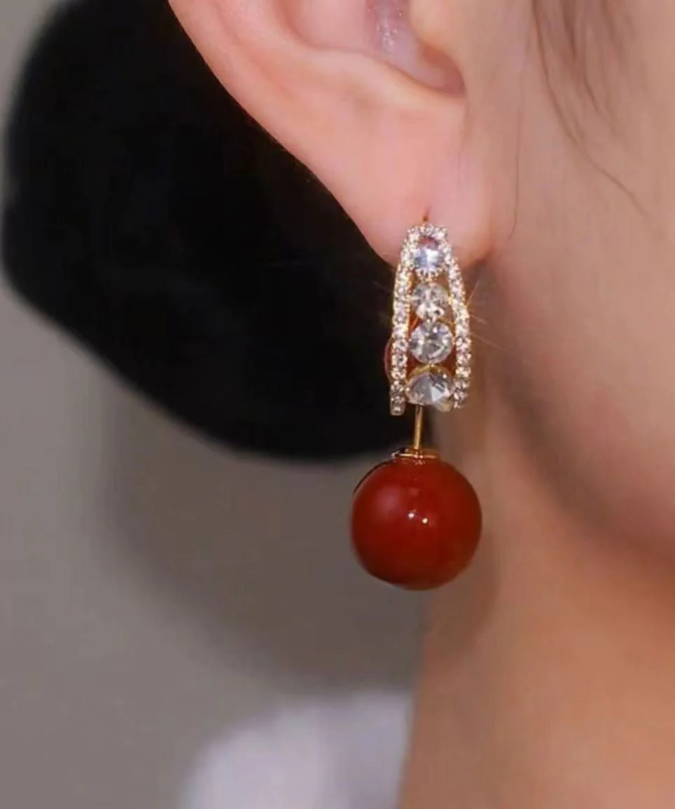 Fashion Red Copper Overgild Zircon Pearl Drop Earrings - Image 4