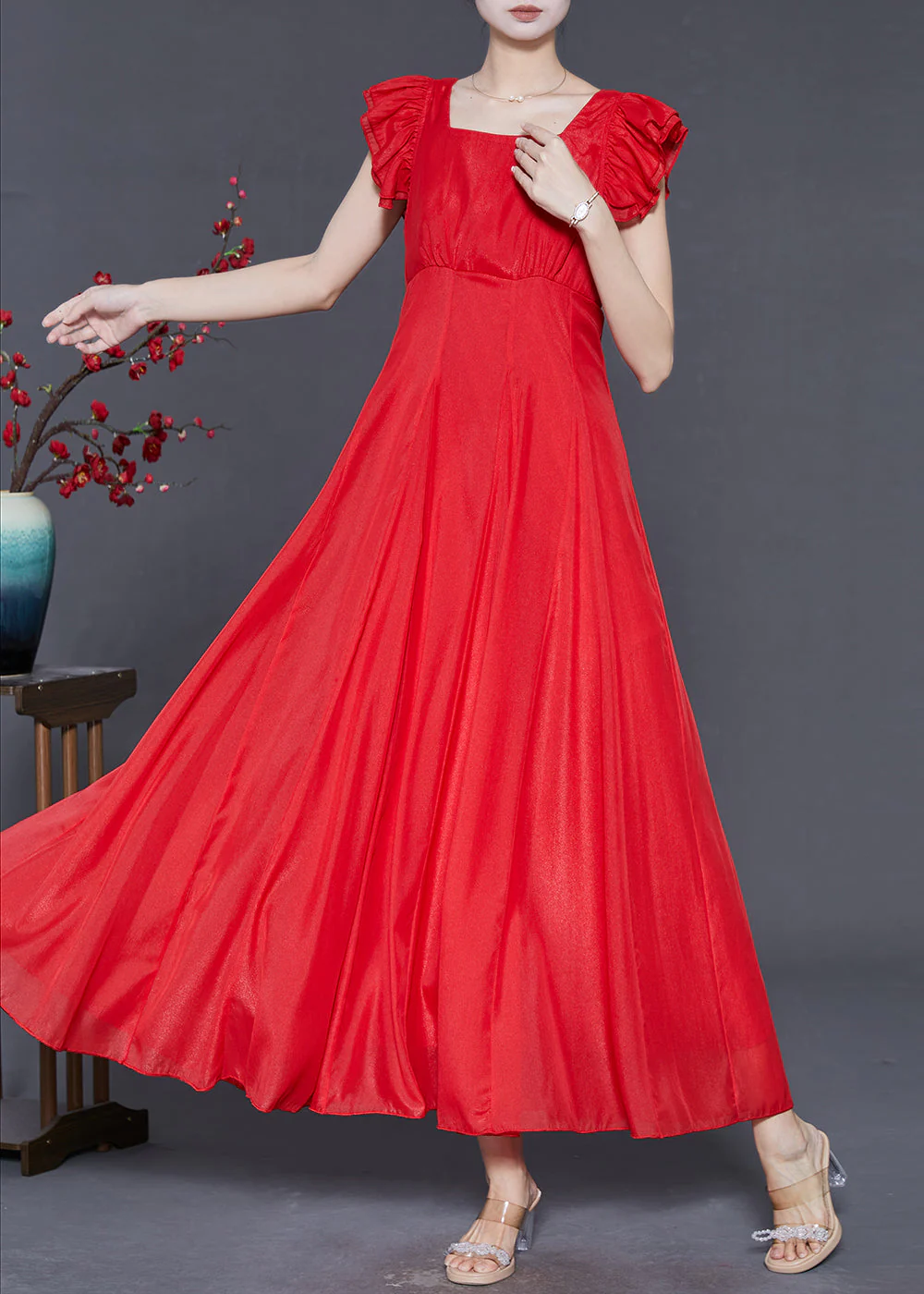 Fashion Red Exra Large Hem Chiffon Long Dress Butterfly Sleeve - Image 2