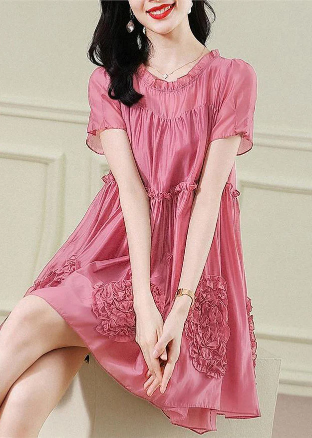 Fashion Red Floral Ruffled Chiffon Mid Dresses Short Sleev - Image 2