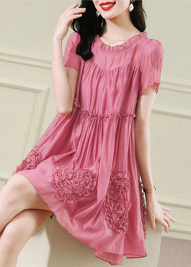 Fashion Red Floral Ruffled Chiffon Mid Dresses Short Sleev - Image 3