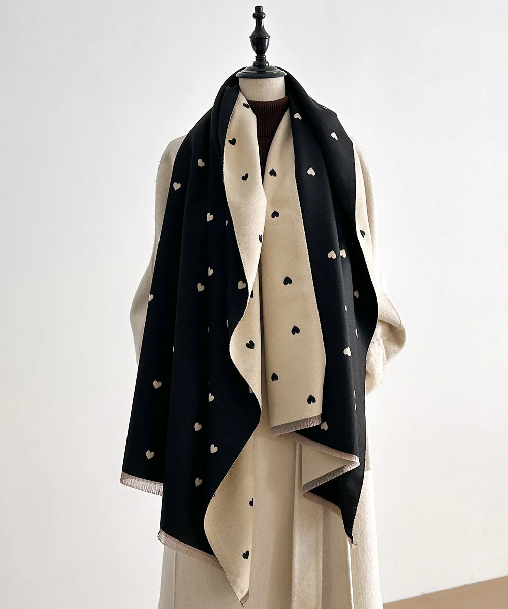 Fashion Red Heart Print Wear On Both Sides Faux Cashmere Scarf - Image 4