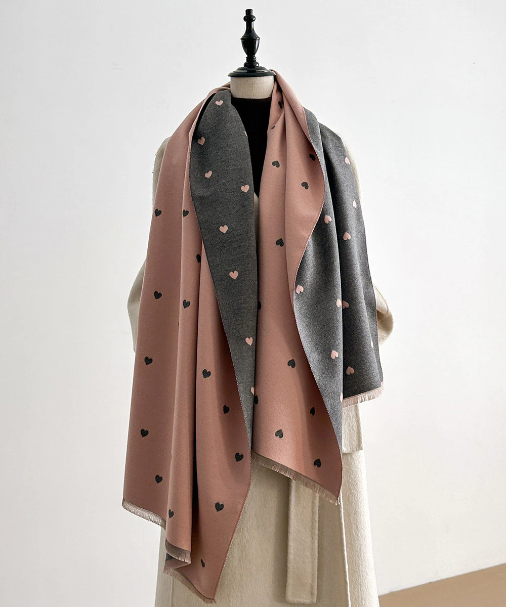 Fashion Red Heart Print Wear On Both Sides Faux Cashmere Scarf - Image 5