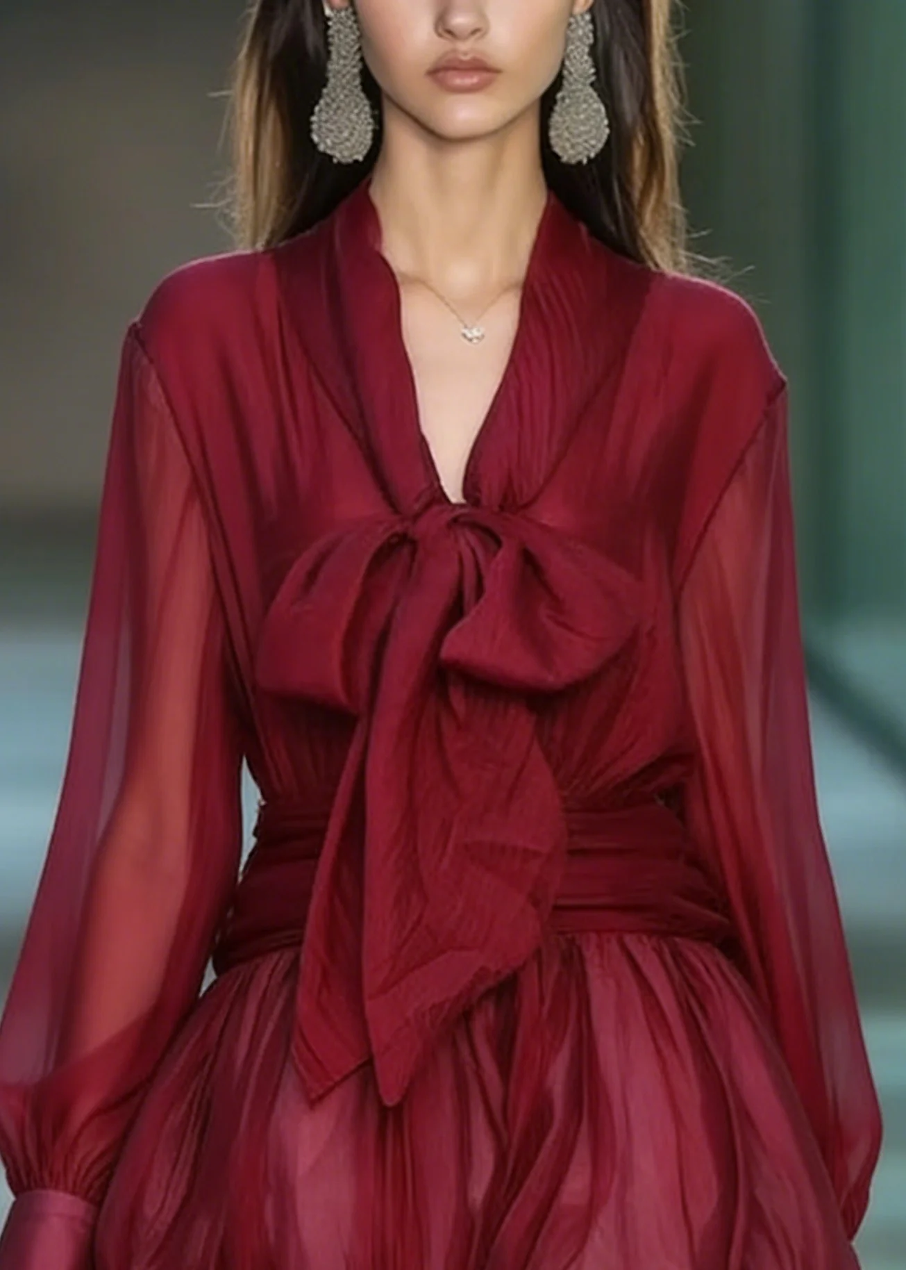 Fashion Red Lace Up Patchwork Chiffon Mini Dress Spring - Image 2
