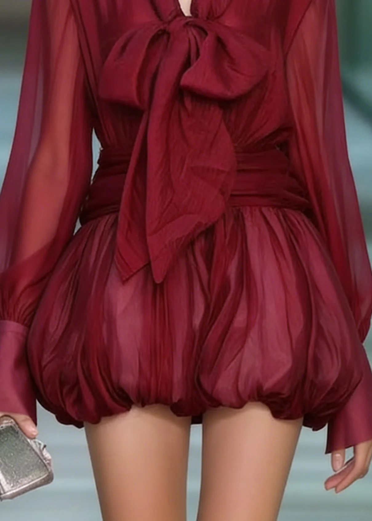 Fashion Red Lace Up Patchwork Chiffon Mini Dress Spring - Image 4