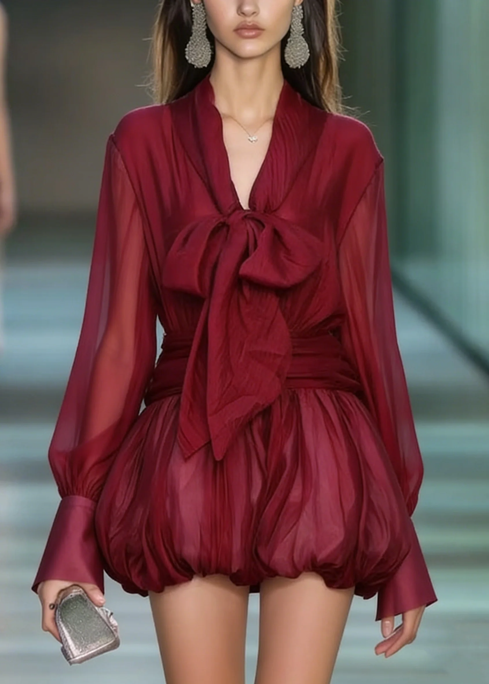 Fashion Red Lace Up Patchwork Chiffon Mini Dress Spring - Image 5