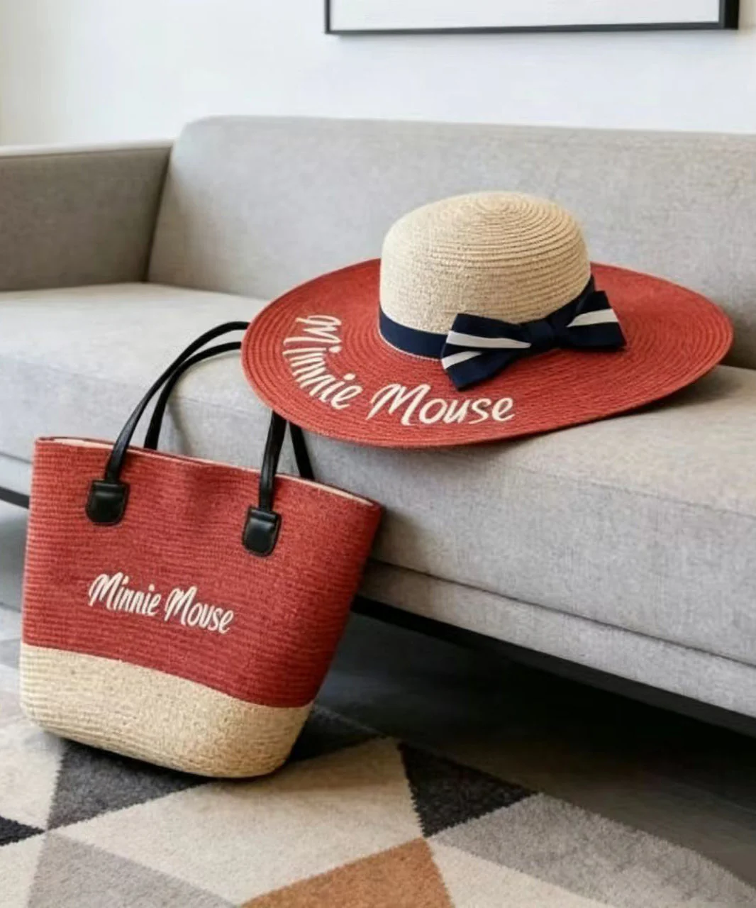 Fashion Red Letter Print Patchwork Bow Straw Woven Floppy Sun Hat And Shoulder Handbag Two Pieces Set - Image 4