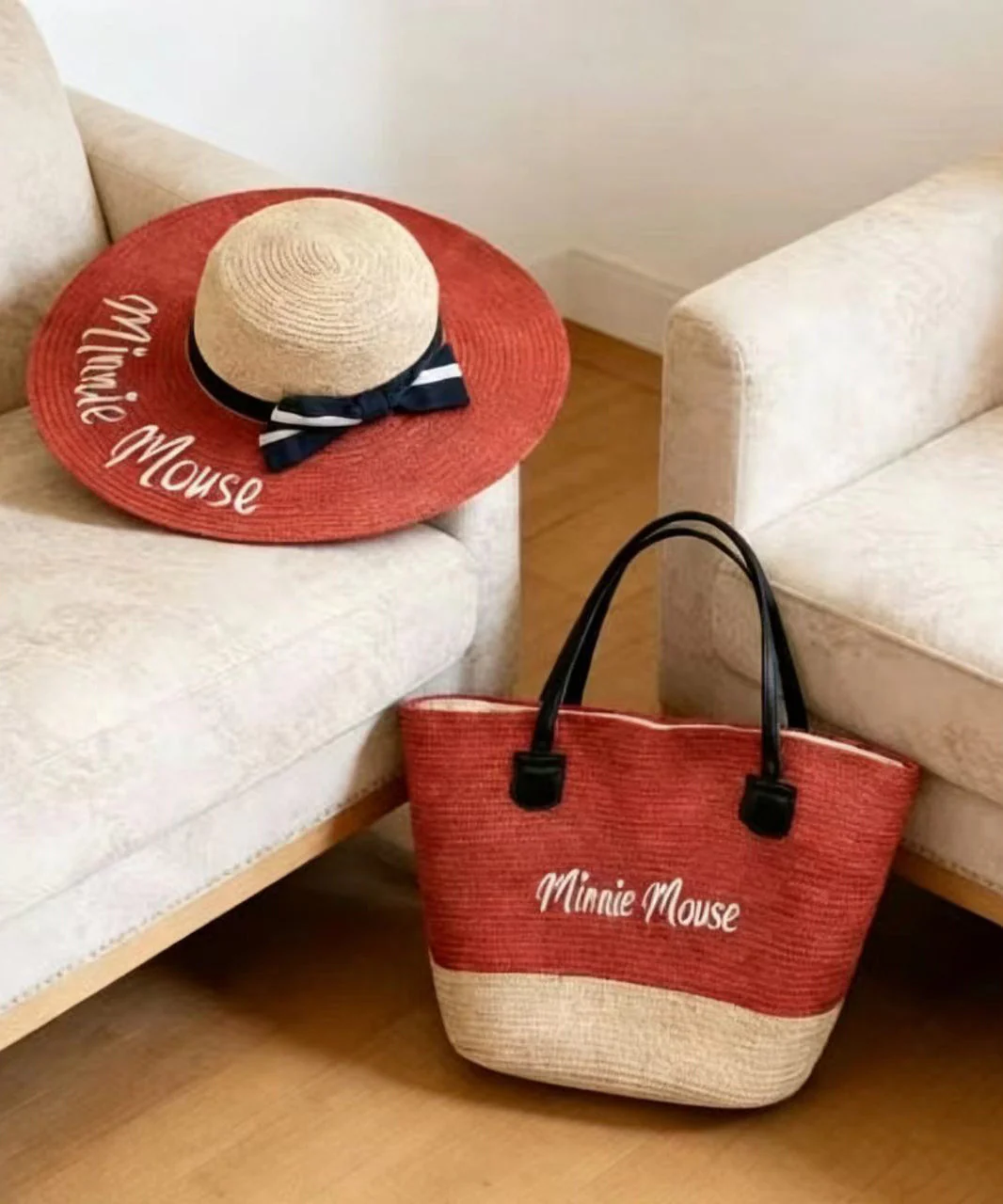 Fashion Red Letter Print Patchwork Bow Straw Woven Floppy Sun Hat And Shoulder Handbag Two Pieces Set - Image 5