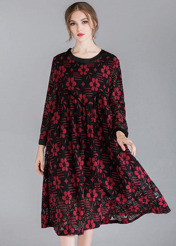 Fashion  Red Loose O-Neck Spring Party Dress Long Sleeve