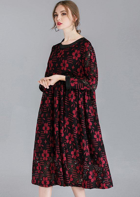 Fashion  Red Loose O-Neck Spring Party Dress Long Sleeve - Image 2