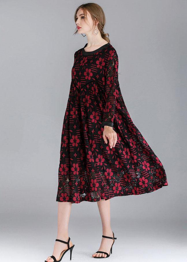 Fashion  Red Loose O-Neck Spring Party Dress Long Sleeve - Image 3