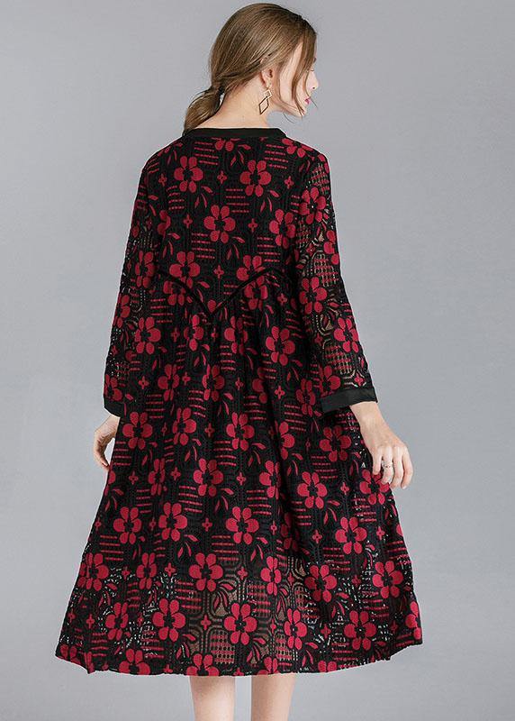 Fashion  Red Loose O-Neck Spring Party Dress Long Sleeve - Image 4