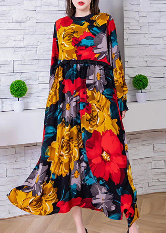 Fashion Red O-Neck Cinched Floral print Silk beach Dresses Spring - Image 2