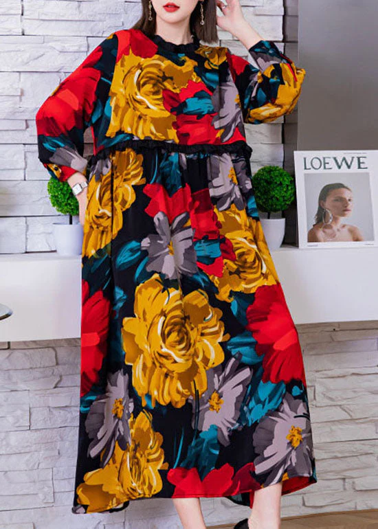 Fashion Red O-Neck Cinched Floral print Silk beach Dresses Spring - Image 3
