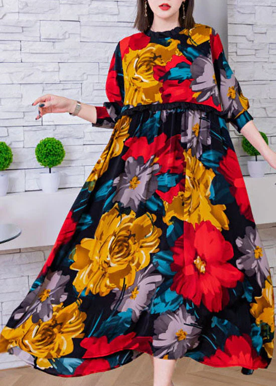 Fashion Red O-Neck Cinched Floral print Silk beach Dresses Spring - Image 4
