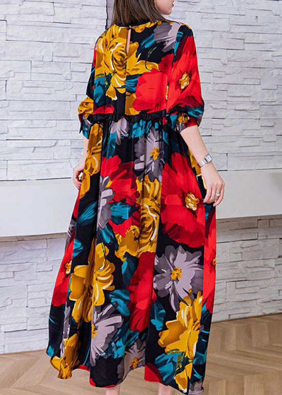 Fashion Red O-Neck Cinched Floral print Silk beach Dresses Spring - Image 5