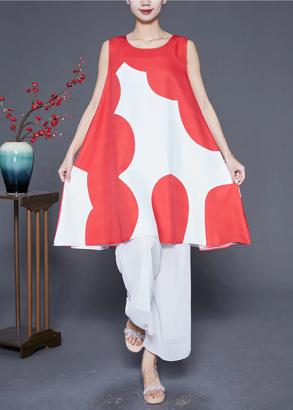 Fashion Red O-Neck Print Satin A Line Dress Summer - Image 2