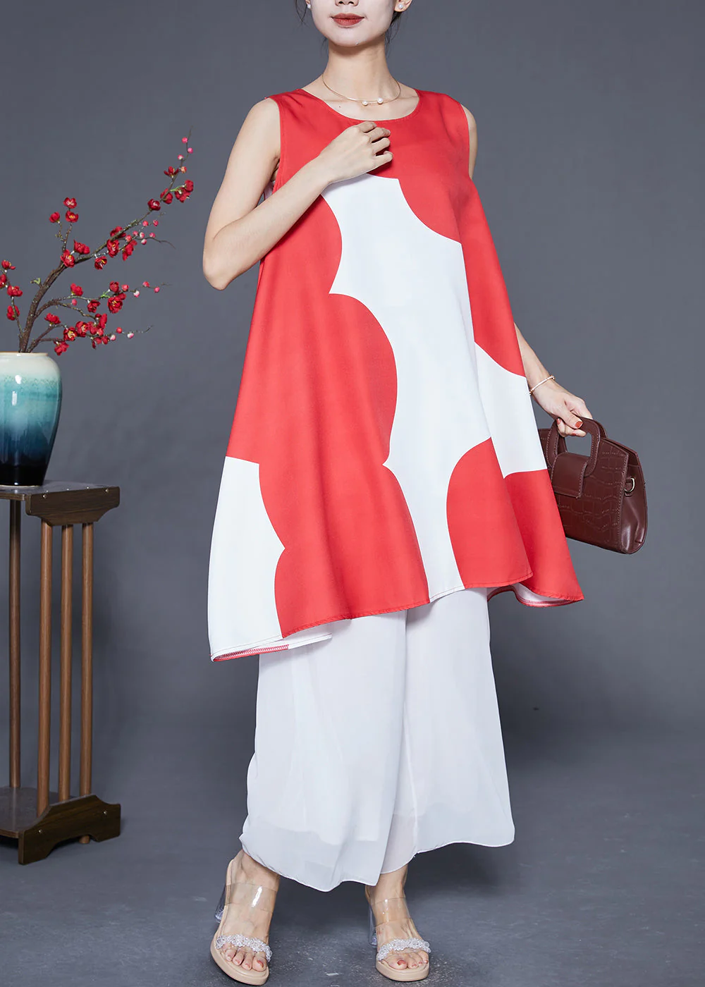 Fashion Red O-Neck Print Satin A Line Dress Summer - Image 3
