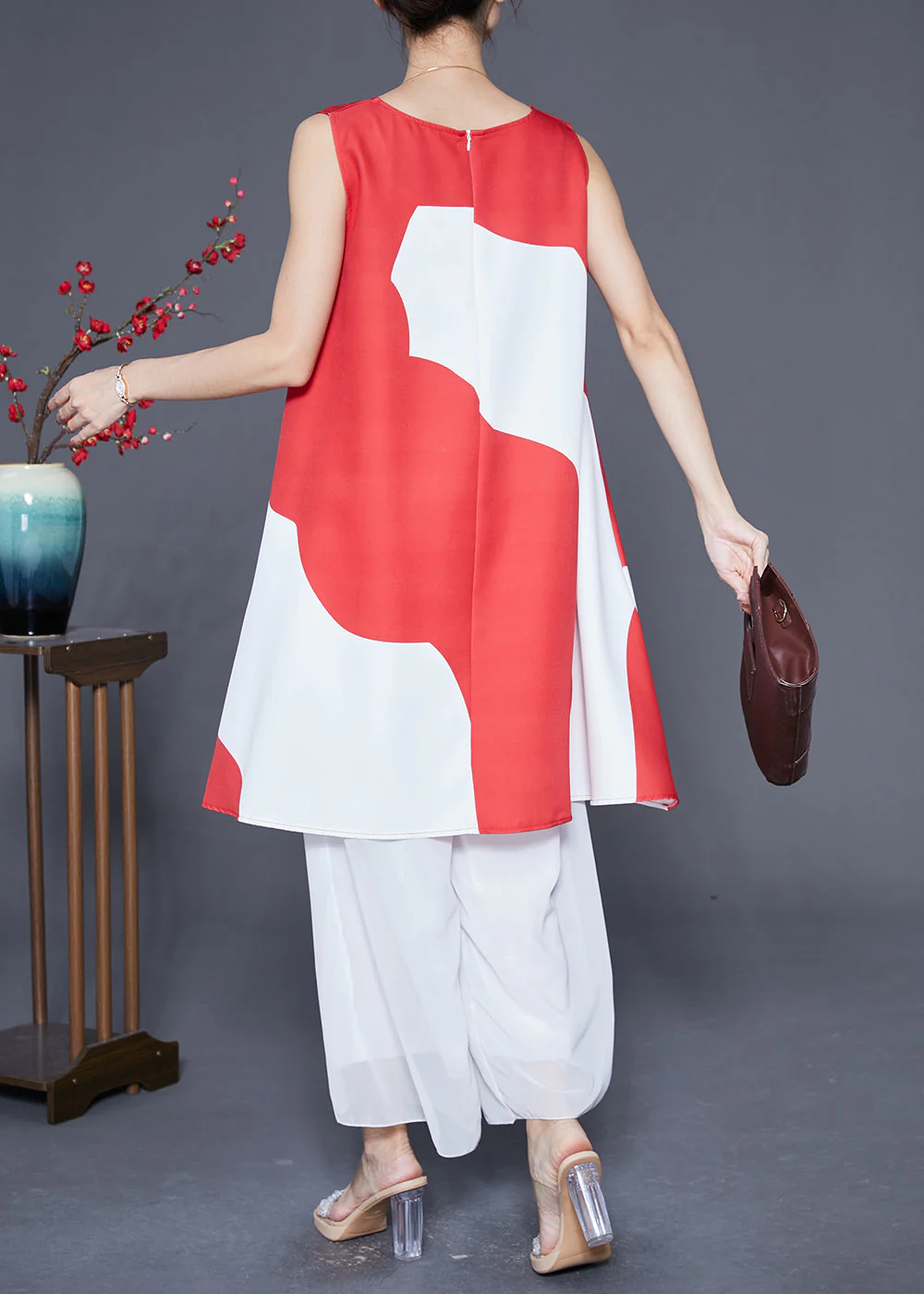 Fashion Red O-Neck Print Satin A Line Dress Summer - Image 4