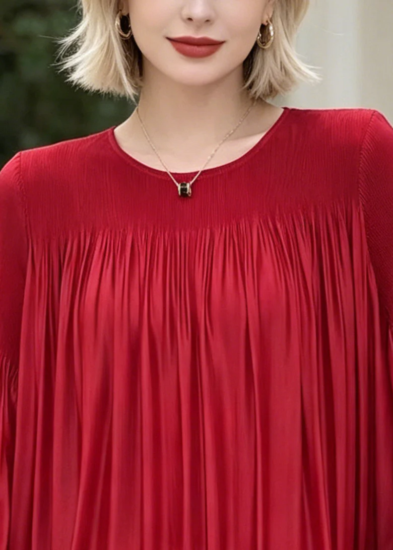 Fashion Red Oversized Floral Chiffon Shirt Top Lantern Sleeve - Image 2