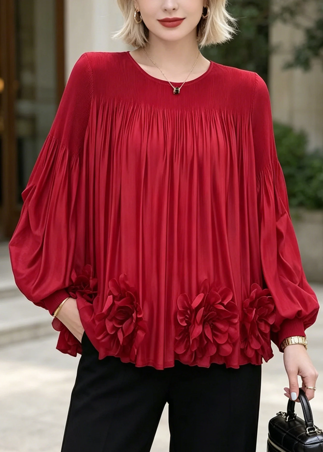 Fashion Red Oversized Floral Chiffon Shirt Top Lantern Sleeve - Image 3