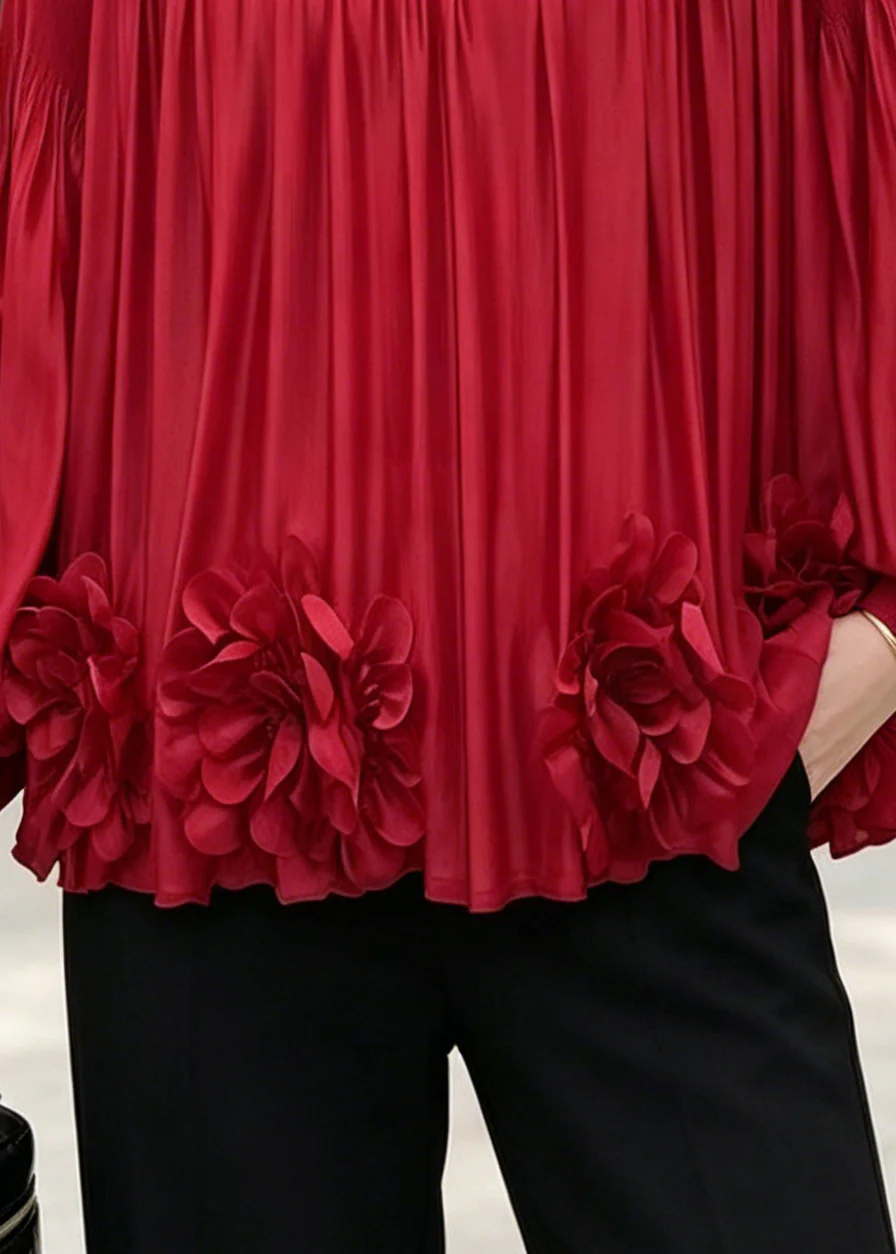 Fashion Red Oversized Floral Chiffon Shirt Top Lantern Sleeve - Image 4