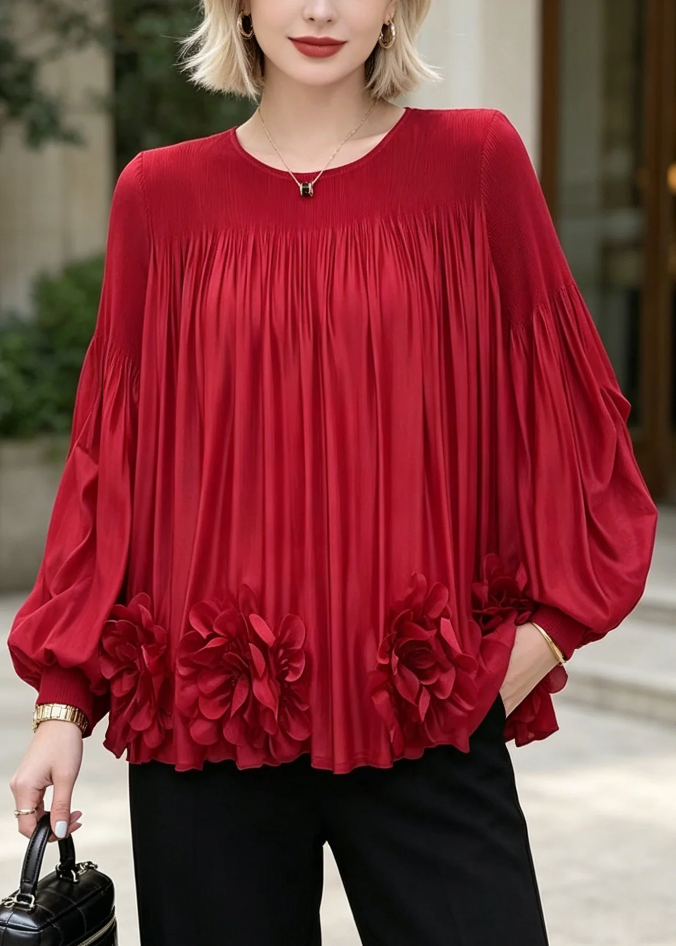 Fashion Red Oversized Floral Chiffon Shirt Top Lantern Sleeve - Image 5