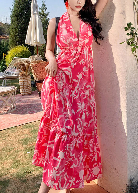 Fashion Red Patchwork Halter Wrinkled Maxi Beach Dress Sleeveless - Image 4
