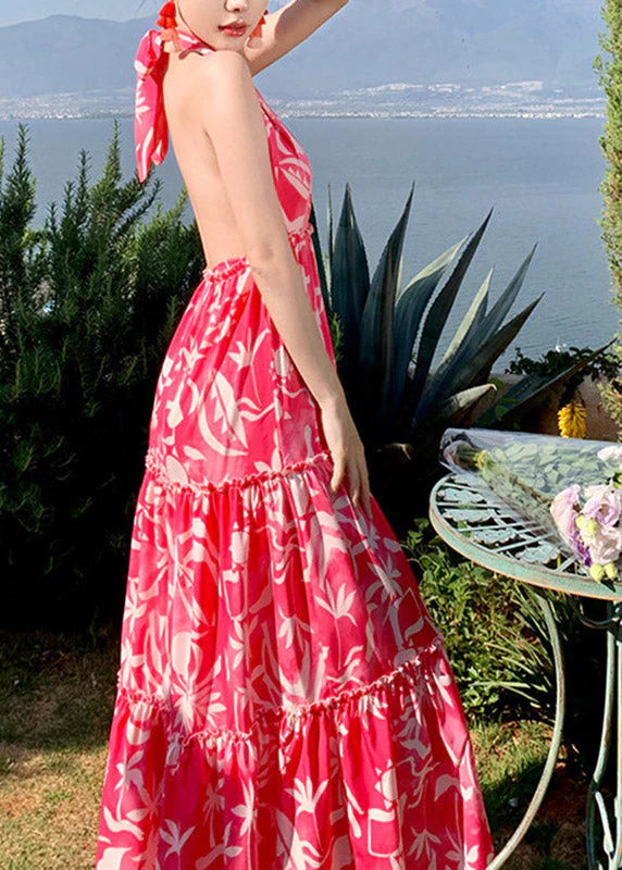 Fashion Red Patchwork Halter Wrinkled Maxi Beach Dress Sleeveless - Image 5