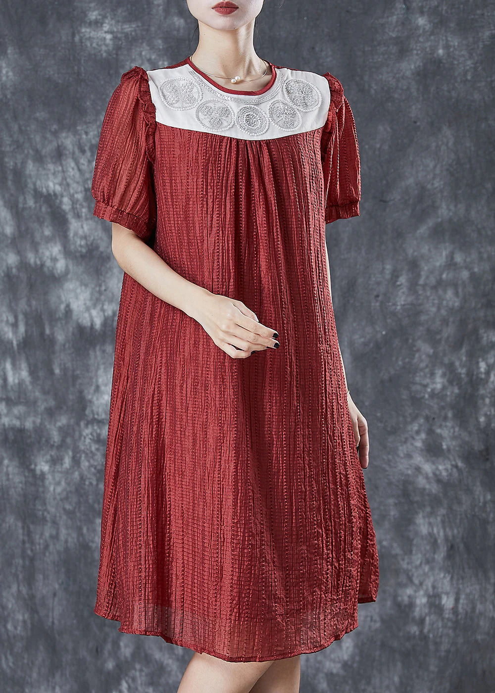 Fashion Red Patchwork Wrinkled Silk Dresses Summer - Image 2